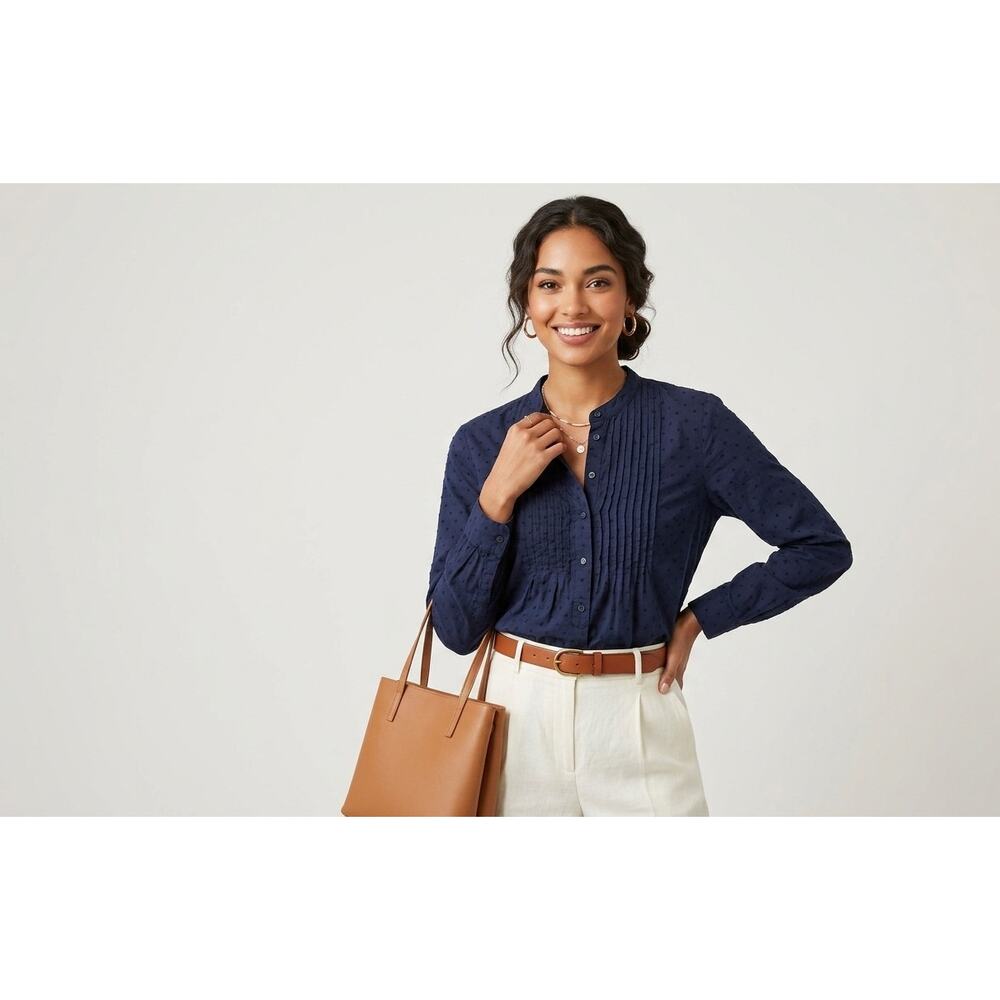 GAP 2017 Navy Blue Pleated Pintuck Lightweight Top Long Sleeve Business Casual